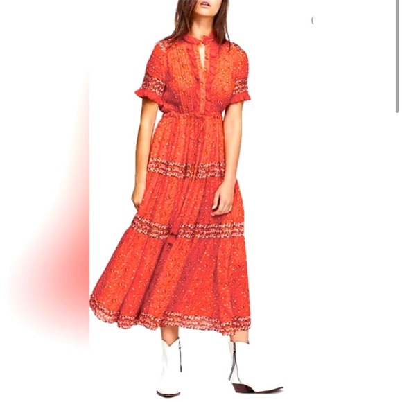 Free People Rare Feeling Tiered Boho Midi Dress w Pintucks & Tassel Waist Tie. - Picture 2 of 6